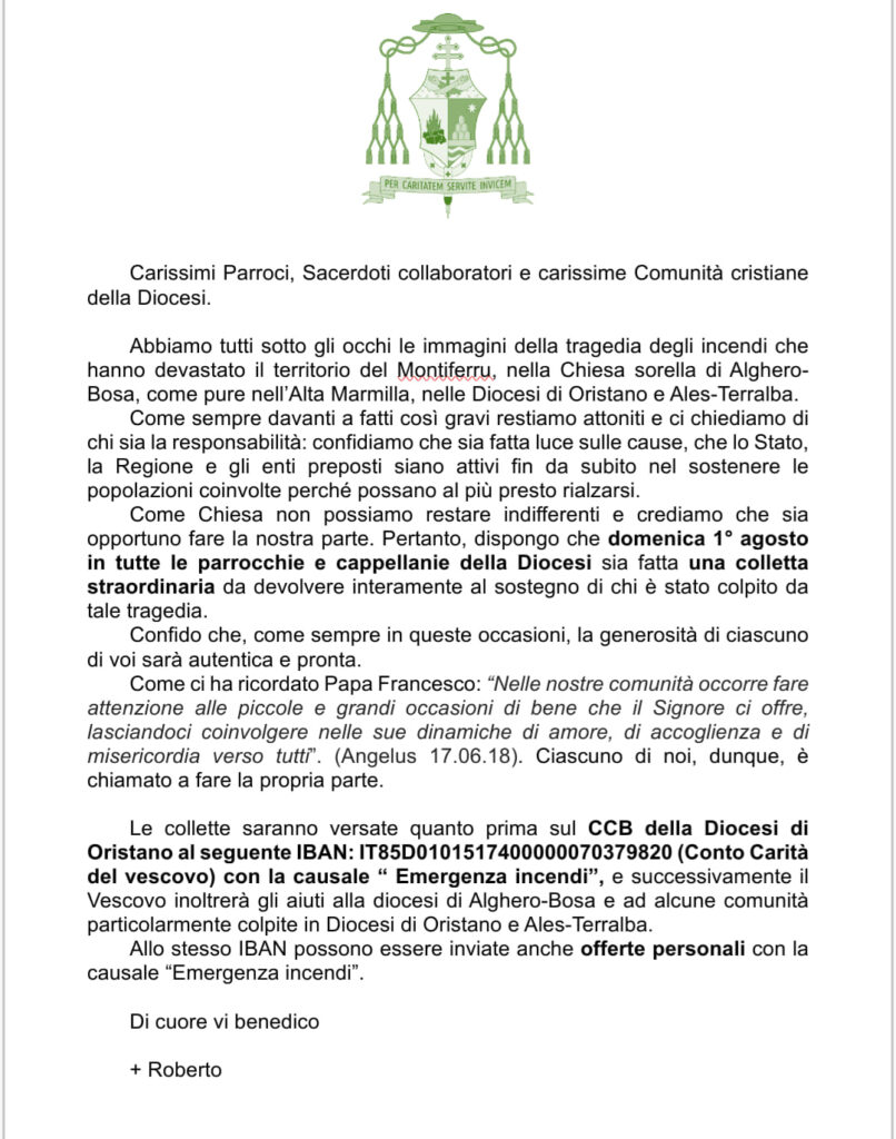 Lettera Arcivescovo colletta incendi